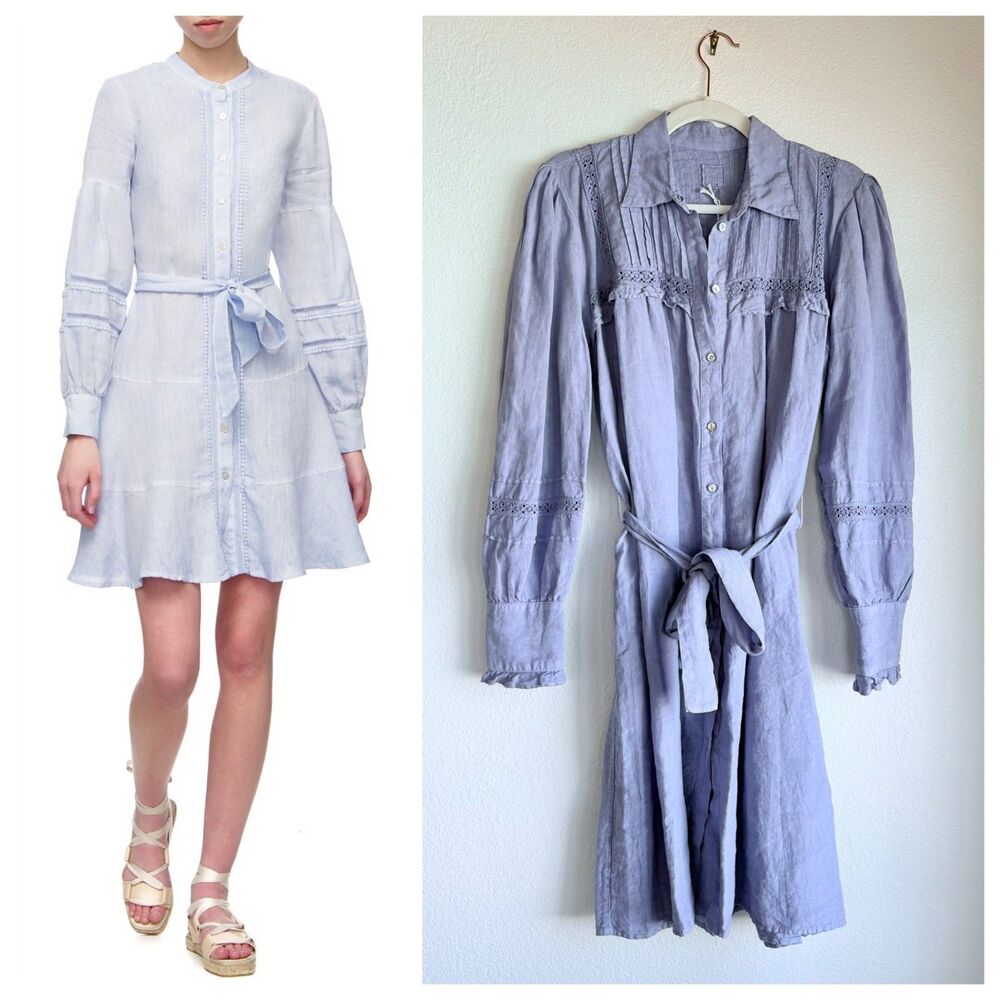 NWT 120% Lino Belted Linen Button Front Pintuck Detail Shirt Dress in Lilac Sz S